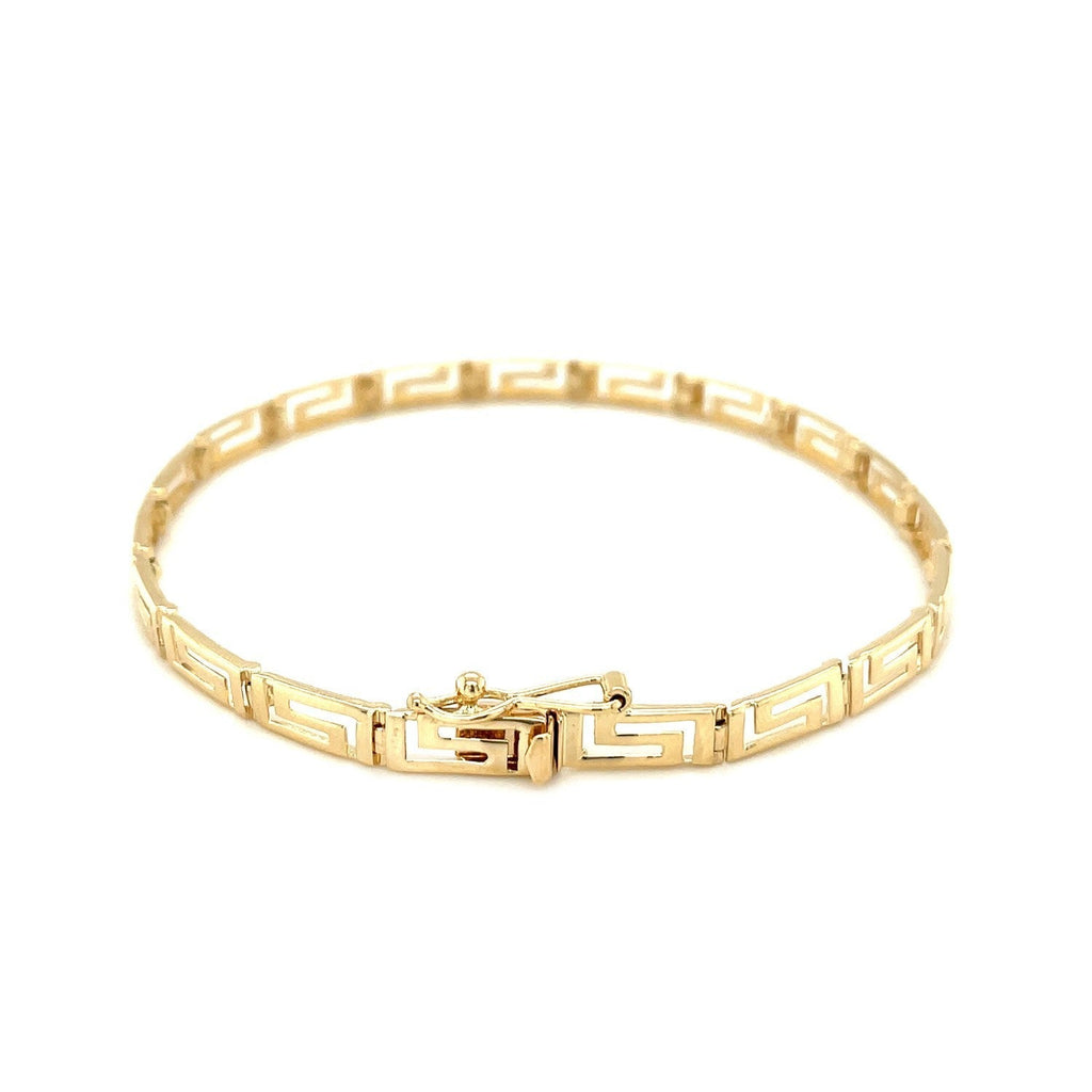 14k yellow gold Greek fret design fancy bracelet with intricate pattern, showcasing elegant craftsmanship and stylish jewelry.