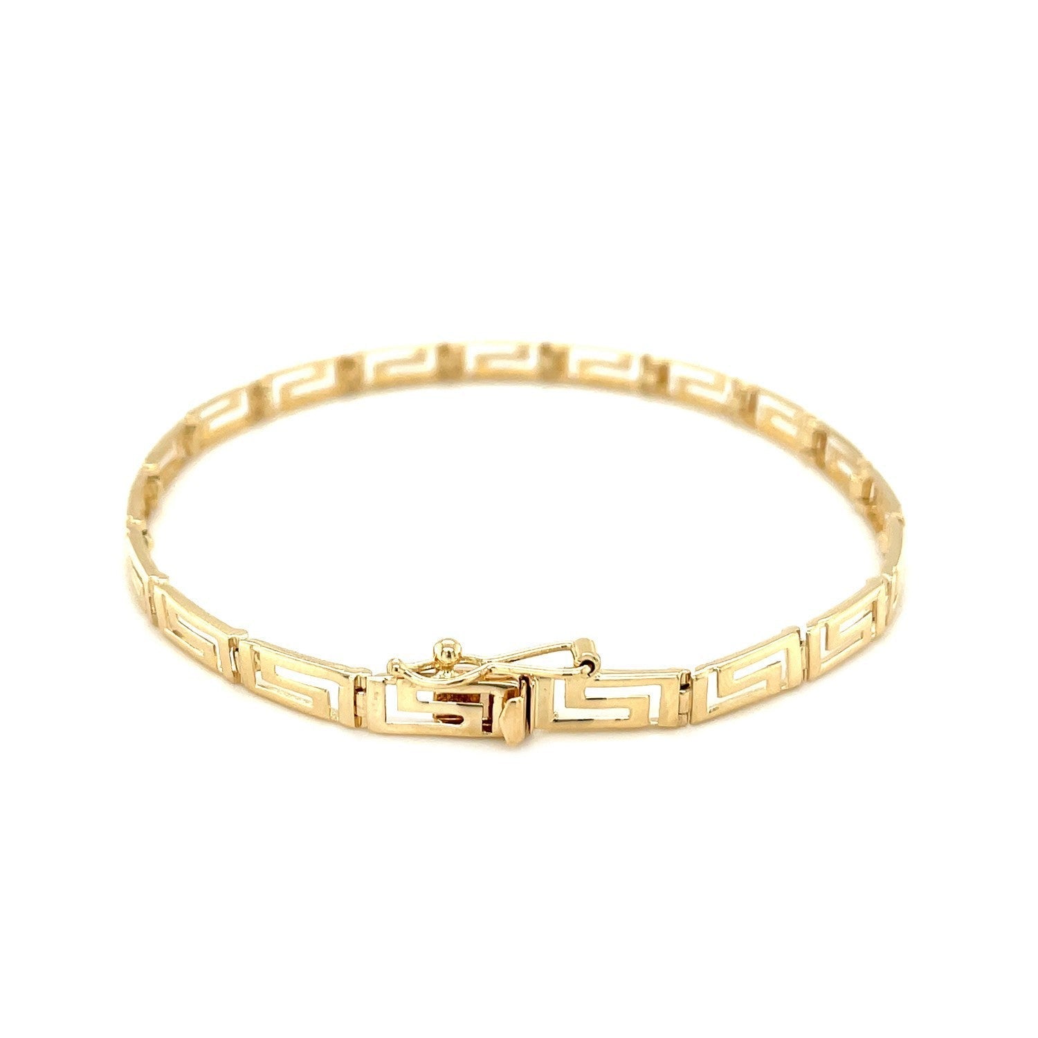 14k yellow gold Greek fret design fancy bracelet with intricate pattern, showcasing elegant craftsmanship and stylish jewelry.