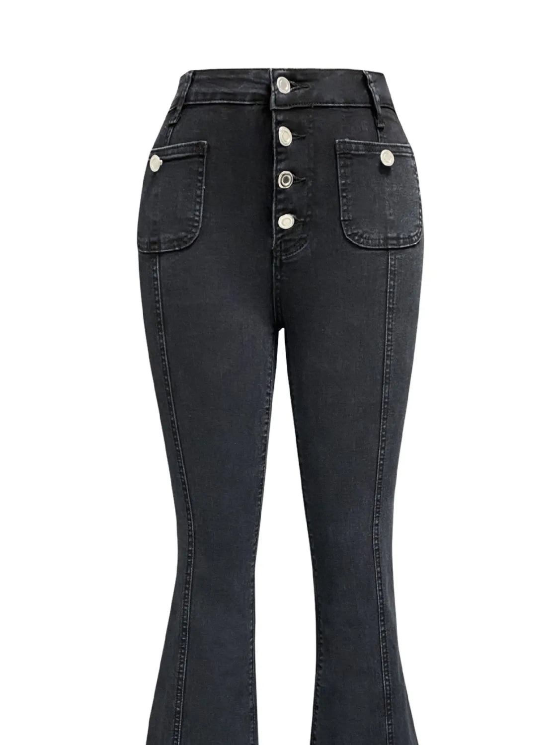 Plush Fashion Hub denim flare jeans with pockets, showcasing the stylish fit and classic blue denim fabric.