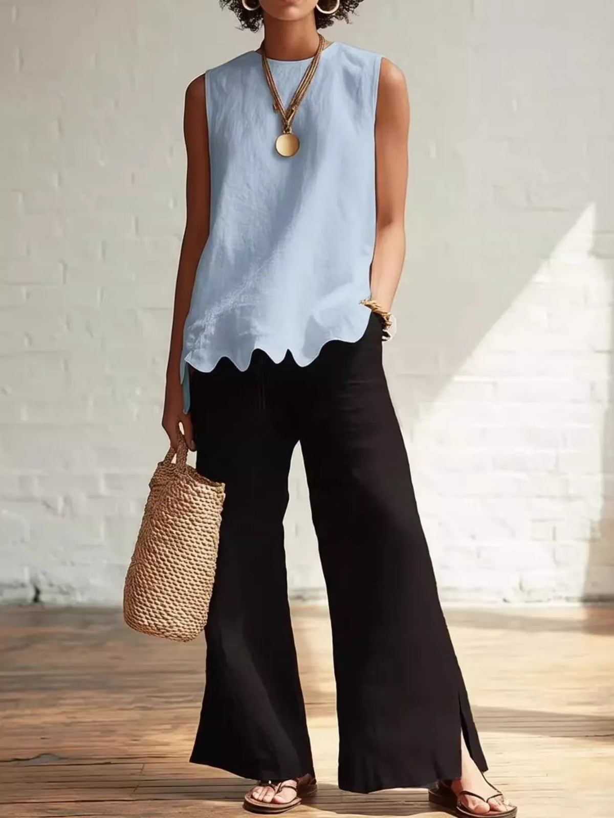 Plus size sleeveless tank top with scalloped hem from Plush Fashion Hub, showcasing a fitted style and scalloped neckline.