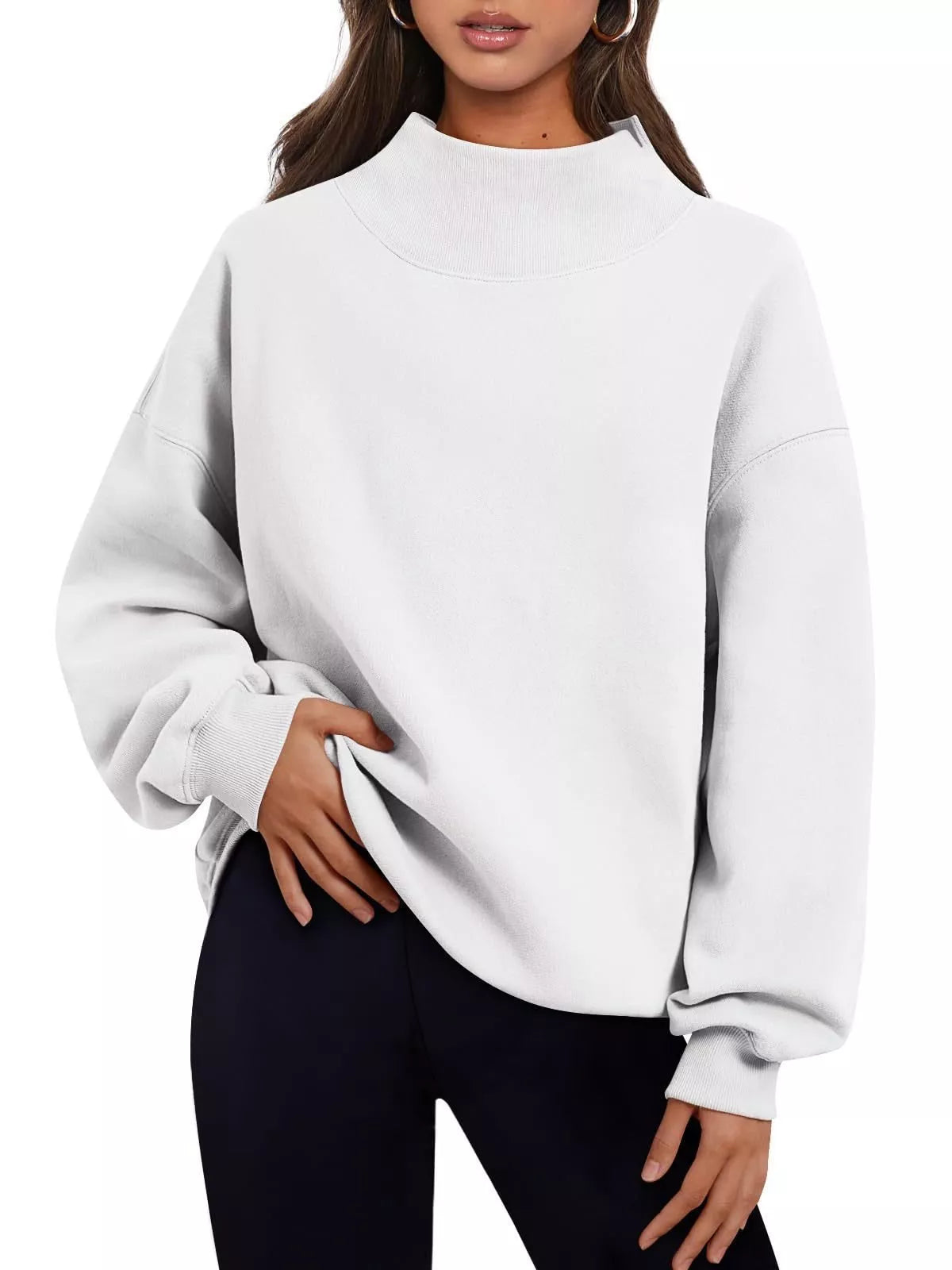 Women’s oversized casual sweatshirt with mock neck and dropped shoulders from Plush Fashion Hub, soft and comfortable pullover top.