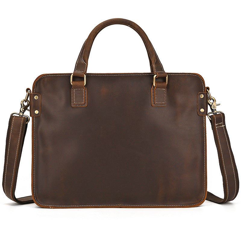 Pi-Mart Retro Crazy Horse Leather Briefcase, 14-inch commuter business bag with vintage leather finish and sturdy handle.