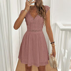 Women’s V-neck short-sleeve casual dress with lace trim by FitiqueFit, featuring a relaxed fit and elegant neckline.