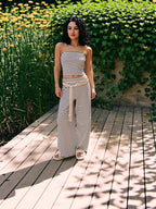 Women's striped tube top and matching pants set by FitiqueFit, casualwear 2-piece modal outfit, shown on a model.