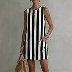 Women's striped color-block sleeveless mini dress by Plush Fashion Hub, casual loose-fit mini dress with bold stripe pattern.