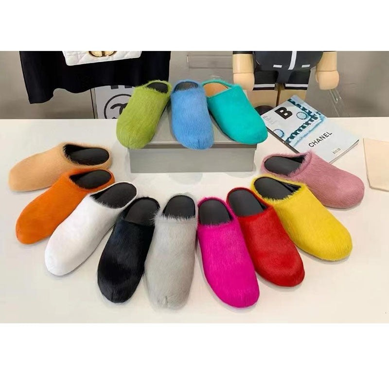 Plush Fashion Hub Matsuke genuine leather slippers with horse hair accents, featuring a comfortable half-slip design.