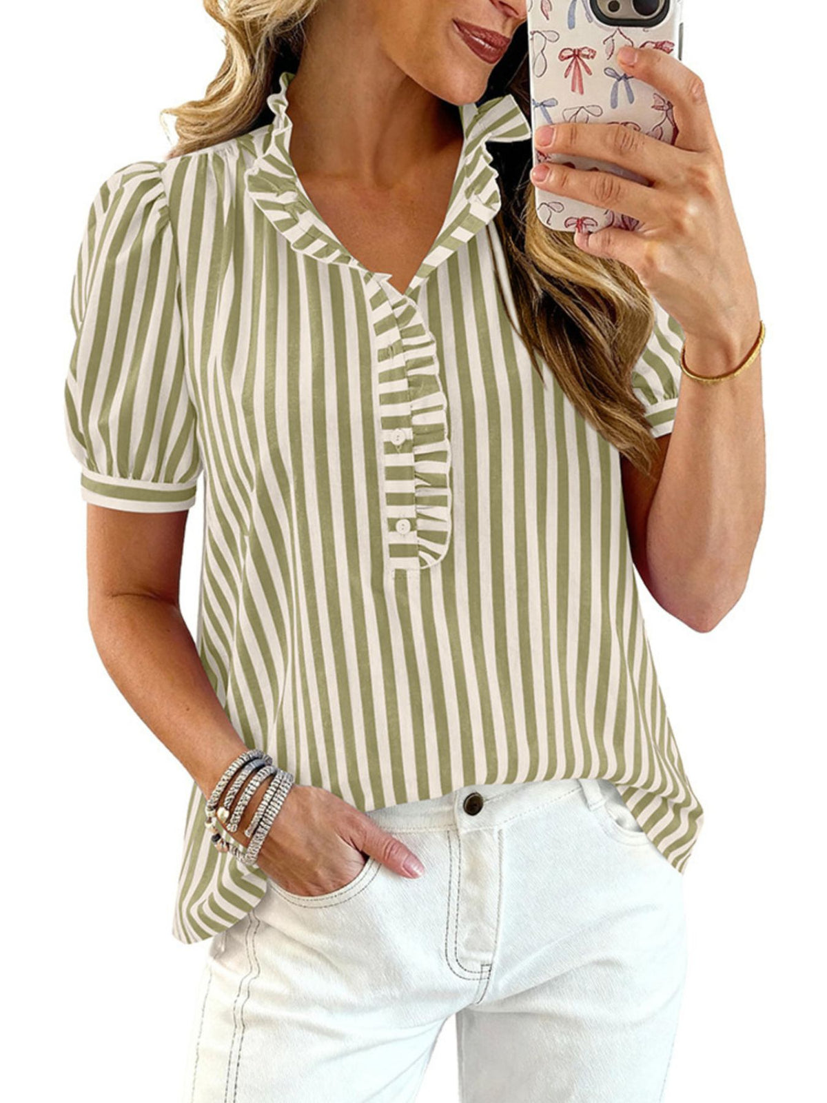 Women's striped puff sleeve blouse with ruffled details from Plush Fashion Hub, featuring a stylish and feminine design.