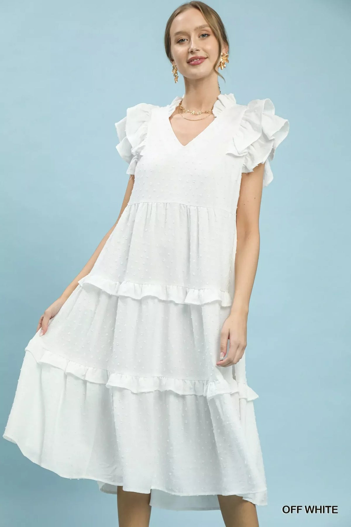 Plush Fashion Hub Umgee textured ruffle sleeve tiered midi dress with a flowy silhouette and layered fabric design.