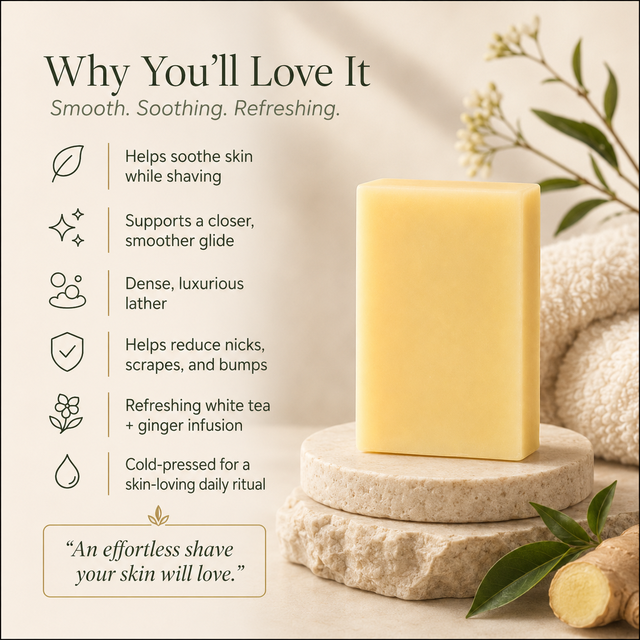 White Tea + Ginger Shave Bar soap by Timeless Organics Skin Care, showing a white and ginger-infused bar soap on a clean surface.