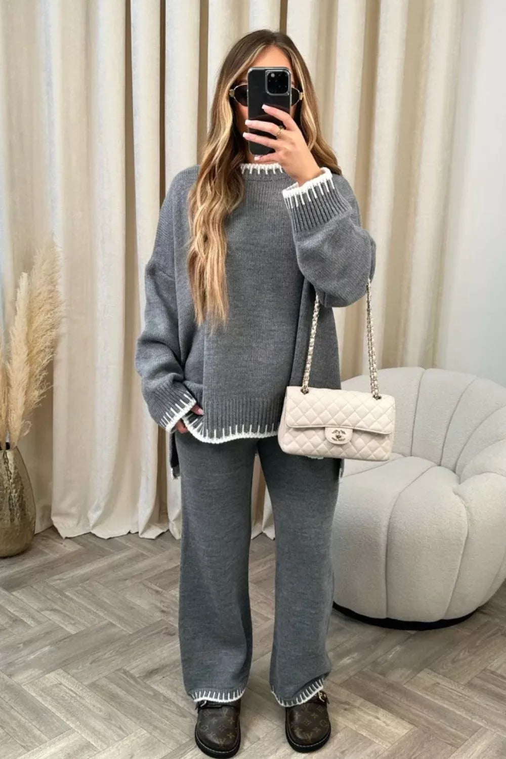 Simply Love contrast trim round neck top and pants sweater set, soft knit fabric with stylish design, perfect for casual wear.