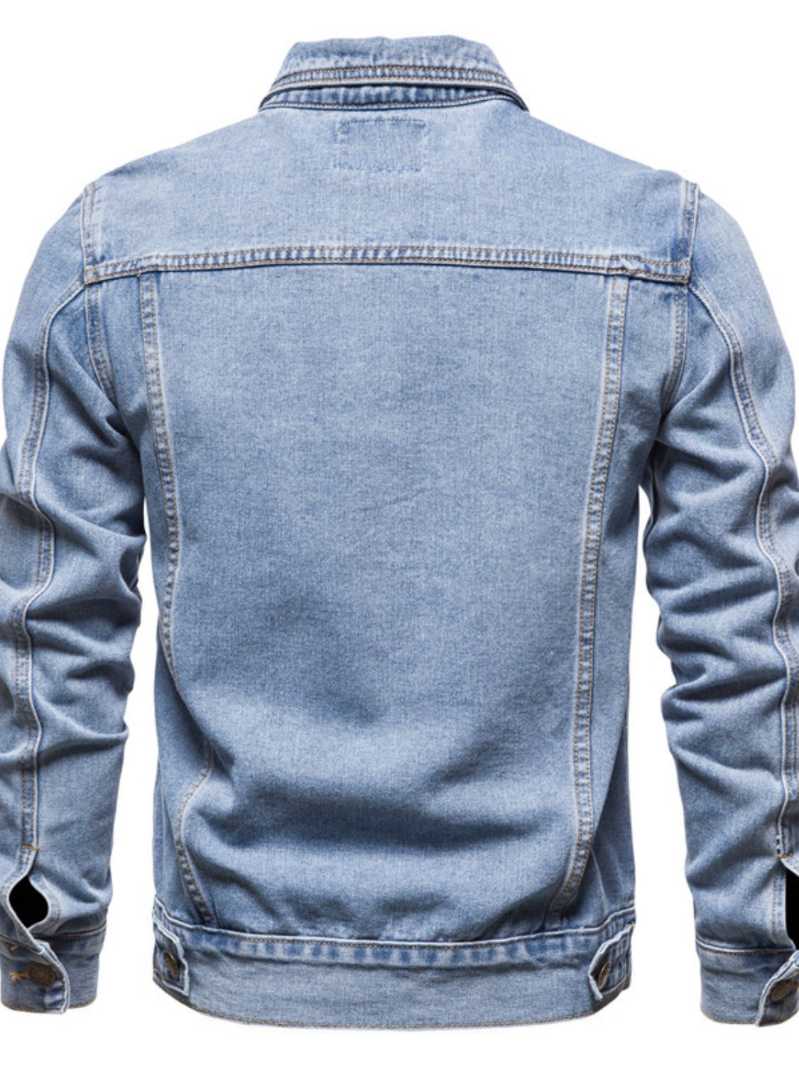 Mens long sleeve denim jacket by Plush Fashion Hub with button-down front, classic blue denim, and stylish casual fit.