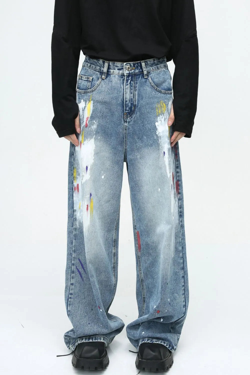 Plush Fashion Hub denim jeans with colorful painted design and functional pockets, stylish casual wear for everyday fashion.
