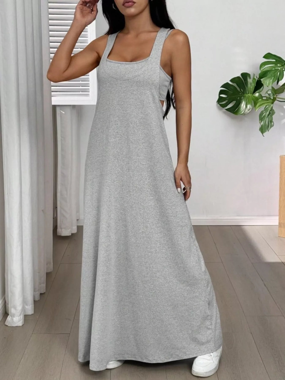 Plush Fashion Hub scoop neck cami and maxi dress set, featuring a fitted cami top and flowing long maxi skirt in soft fabric.