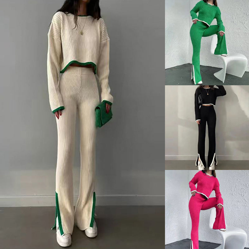 Women’s casual color-block two-piece set by FitiqueFit, featuring a stylish top and matching pants, perfect for relaxed everyday wear.