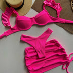 Women's solid color three-piece bikini set from Trendy Attic Store01, featuring a bikini top, bottom, and cover-up in vibrant fabric.