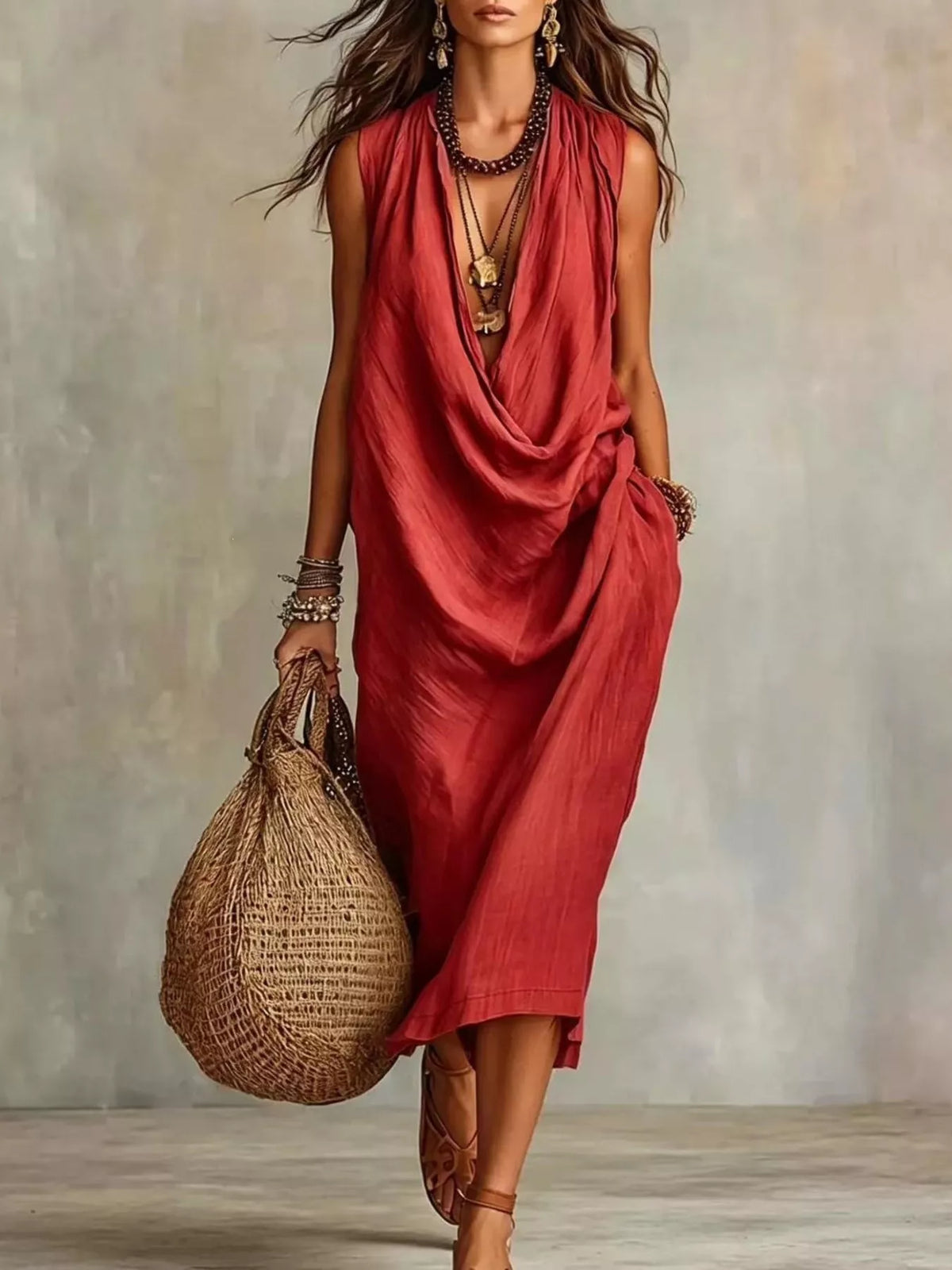 Plus size sleeveless cowl neck midi dress by Trendsi, showcasing a flowing full-length dress with a stylish cowl neckline.