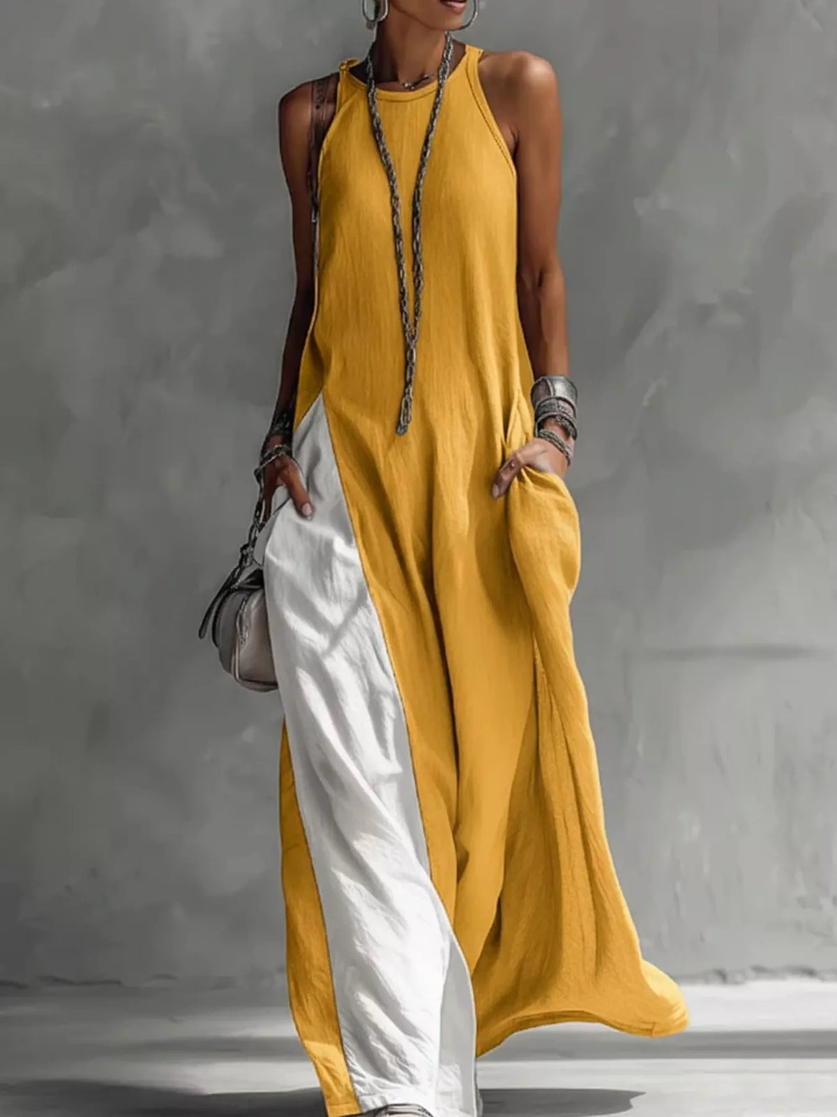 Two-tone sleeveless maxi dress from Plush Fashion Hub, elegant casual summer gown with a floor-length design and flowing fabric.