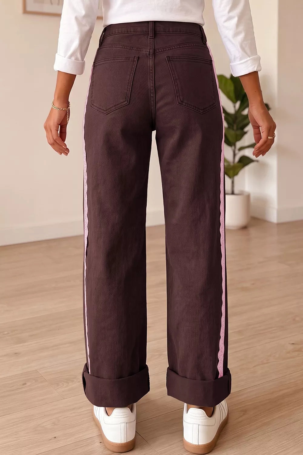Casual full-length jeans with lace trim from Trendsi featuring a regular fit and classic denim style.