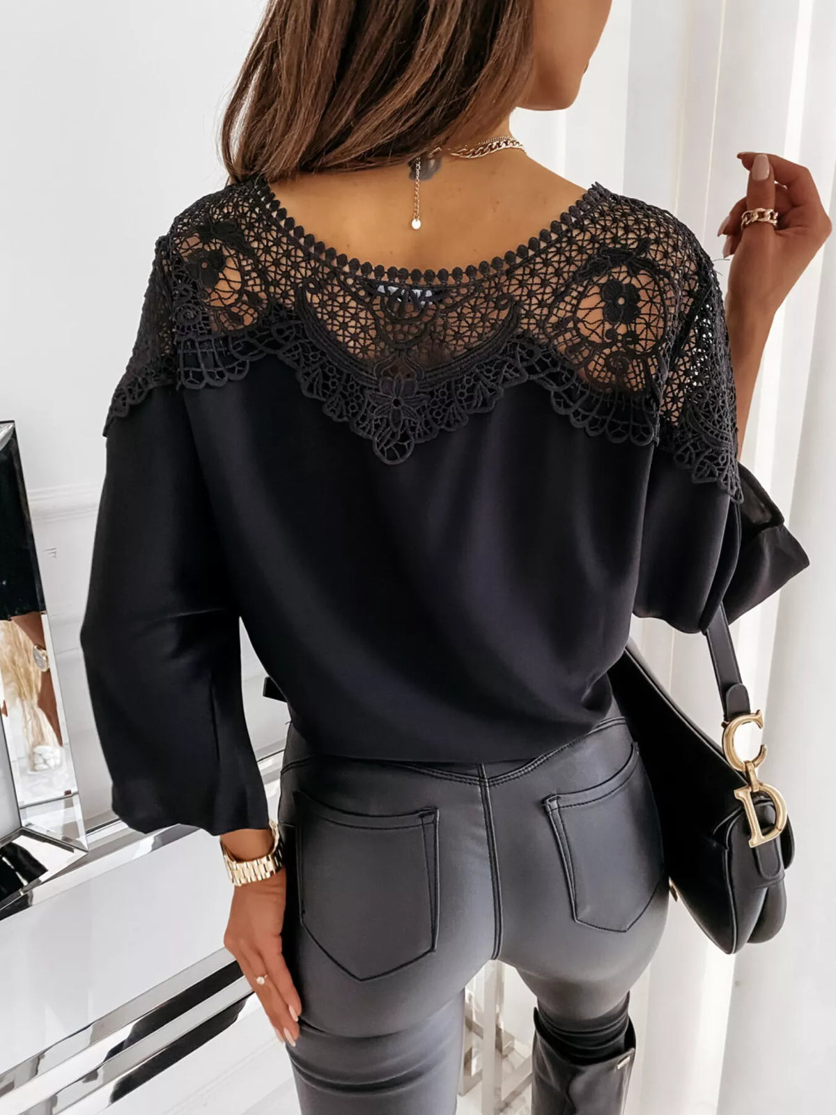 Lace trim long sleeve blouse from Plush Fashion Hub with delicate lace details and a classic fit, displayed on a hanger.