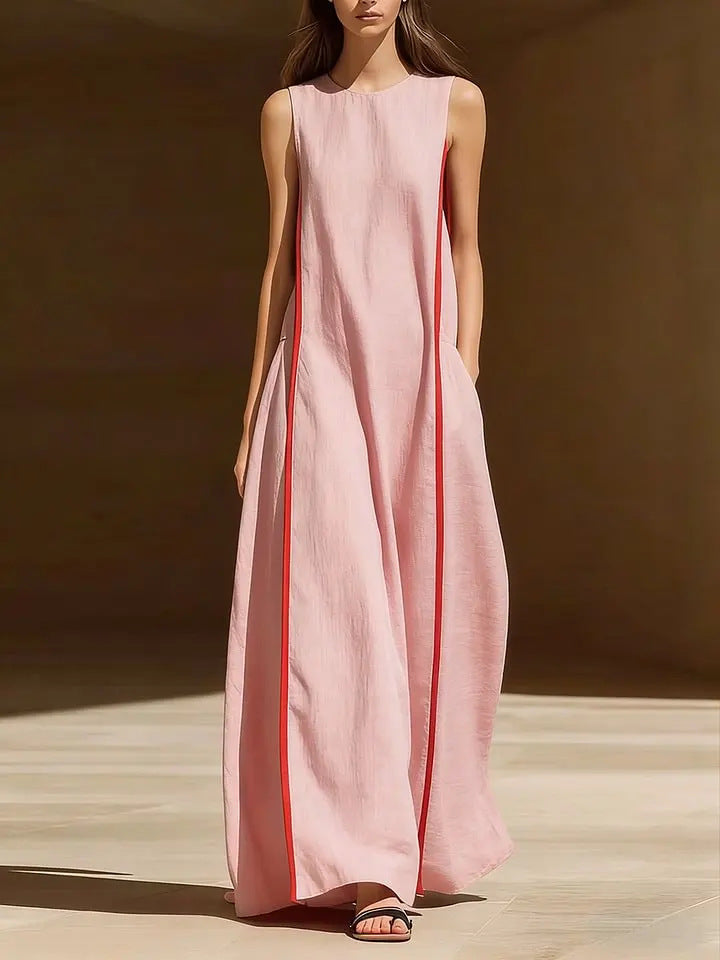 Women's linen sleeveless striped maxi dress by FitiqueFit, casualwear, featuring a loose fit and lightweight fabric.