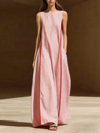 Women's linen sleeveless striped maxi dress by FitiqueFit, casualwear, featuring a loose fit and lightweight fabric.