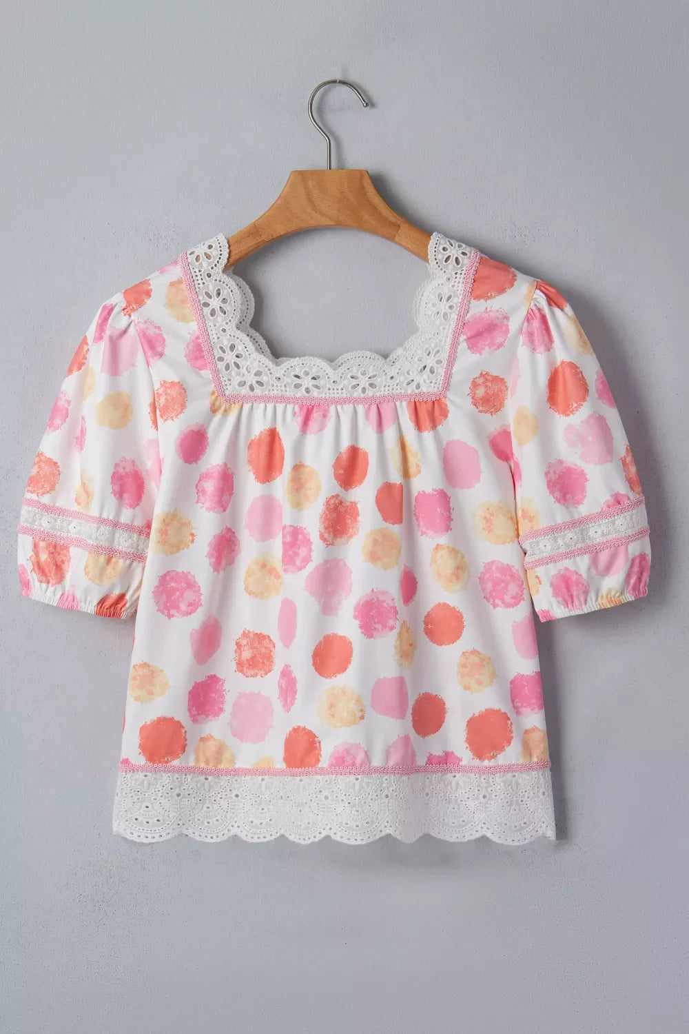 Polka dot lace trim square neck puff sleeve blouse by Plush Fashion Hub, featuring a stylish design with lace accents and puff sleeves.