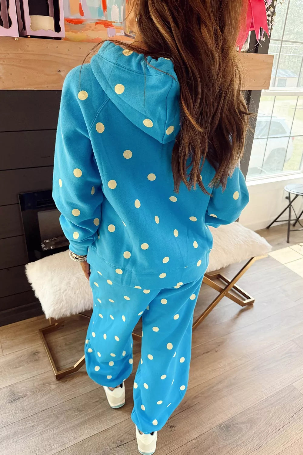 Plus size polka dot hooded drawstring long sleeve top and pants matching set from Trendsi, featuring a casual and comfortable style.