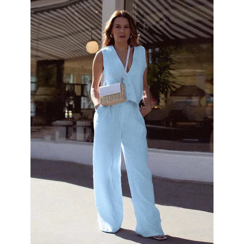 Women’s V-neck button-front vest and high-waist pants set by FitiqueFit, casualwear outfit, shown in a stylish, coordinated look.