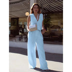 Women’s V-neck button-front vest and high-waist pants set by FitiqueFit, casualwear outfit, shown in a stylish, coordinated look.