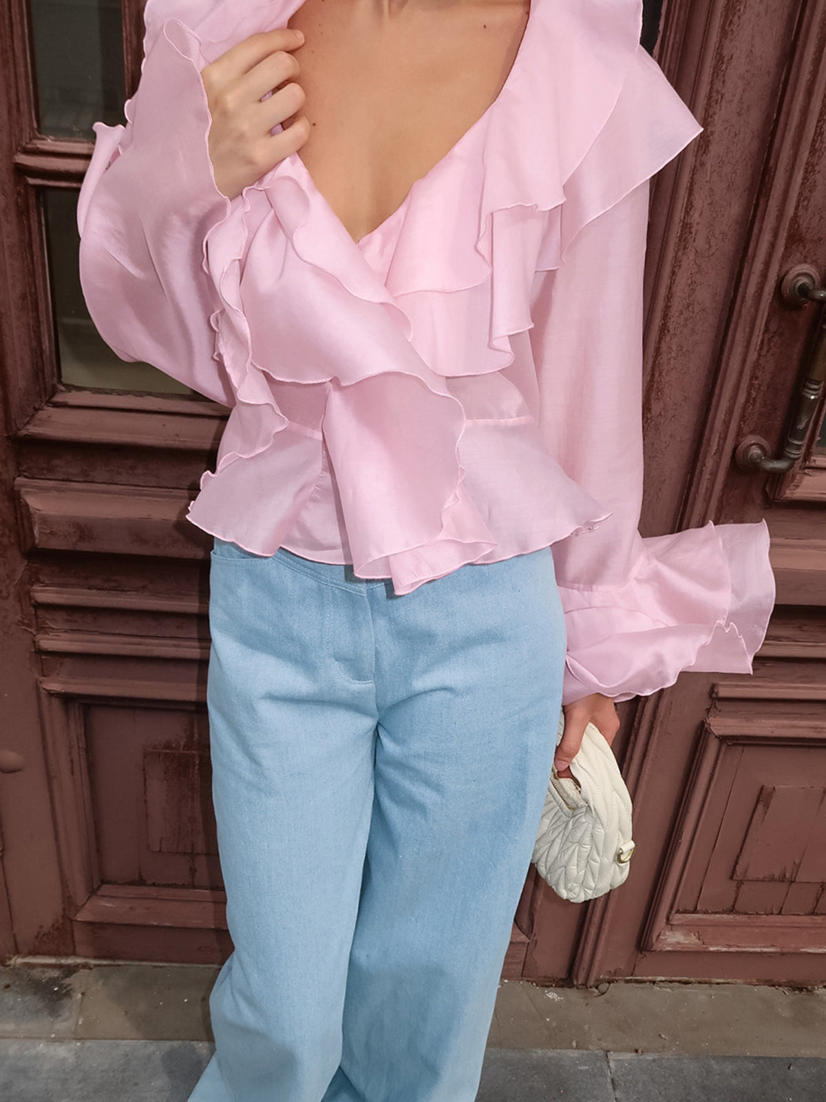 Women’s elegant ruffle trim long sleeve blouse made of soft Tencel blend by Plush Fashion Hub, featuring a stylish and feminine design.