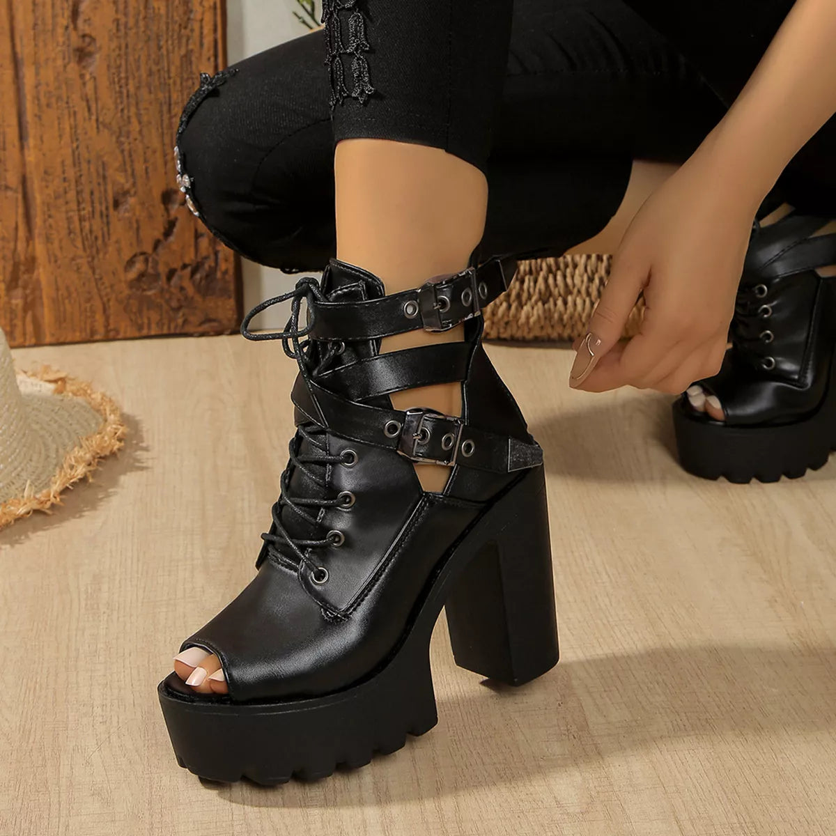 Plush Fashion Hub lace-up block heel sandals with open toes and ankle straps, stylish footwear for casual or dressy occasions.