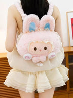 Soft plush bunny backpack with whimsical design, featuring woolen texture and adjustable straps, perfect for casual or playful outfits.