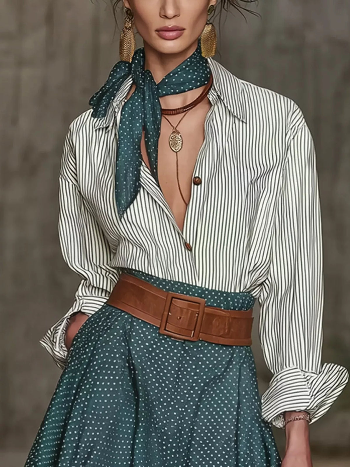 Women’s button-up shirt and polka dot skirt set by Trendsi, featuring a stylish matching top and skirt with classic polka dot pattern.