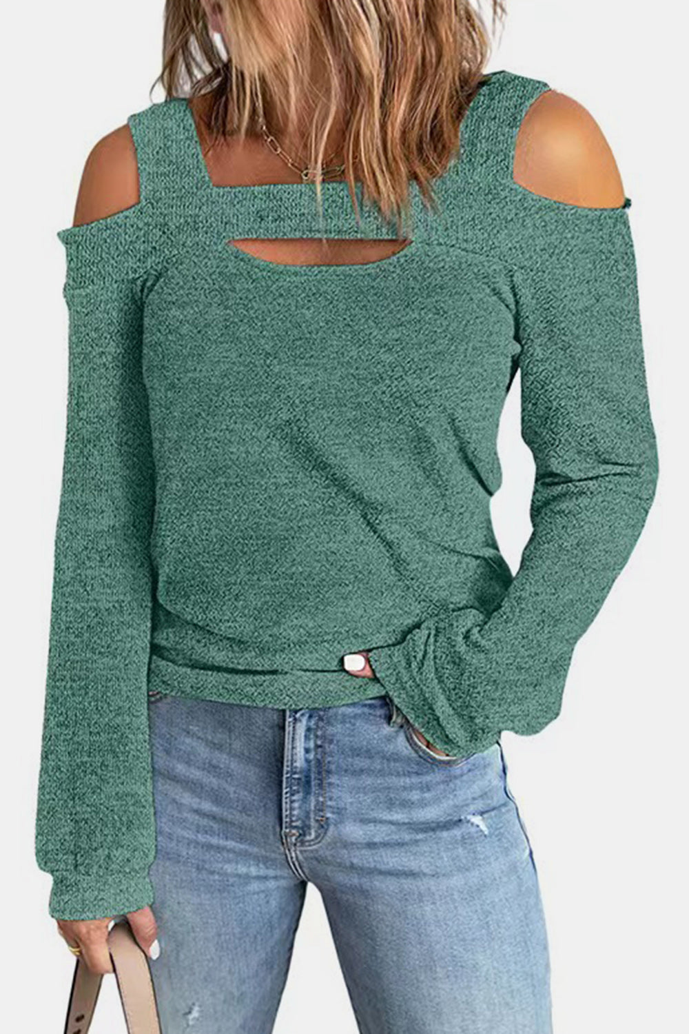 Women's elegant cold shoulder polyester blouse from Plush Fashion Hub, featuring cutout design and stylish top details.