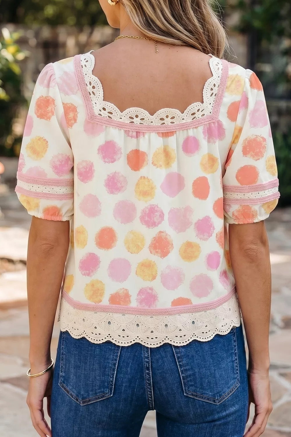 Polka dot lace trim square neck puff sleeve blouse by Plush Fashion Hub, featuring a stylish design and feminine details.