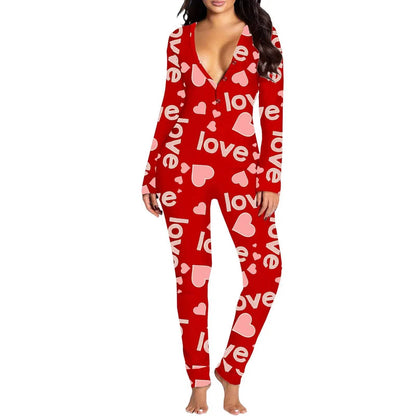 Women Jumpsuit Long Sleeve V Neck Button Closure Letters Heart Print LThe beautiful heart print and V-neck design make it a perfect choice for festive occasions. The long sleeve and button closure add a touch of comfort and conveniencePajamasPlush Fashions ShopPlush Fashion Shop