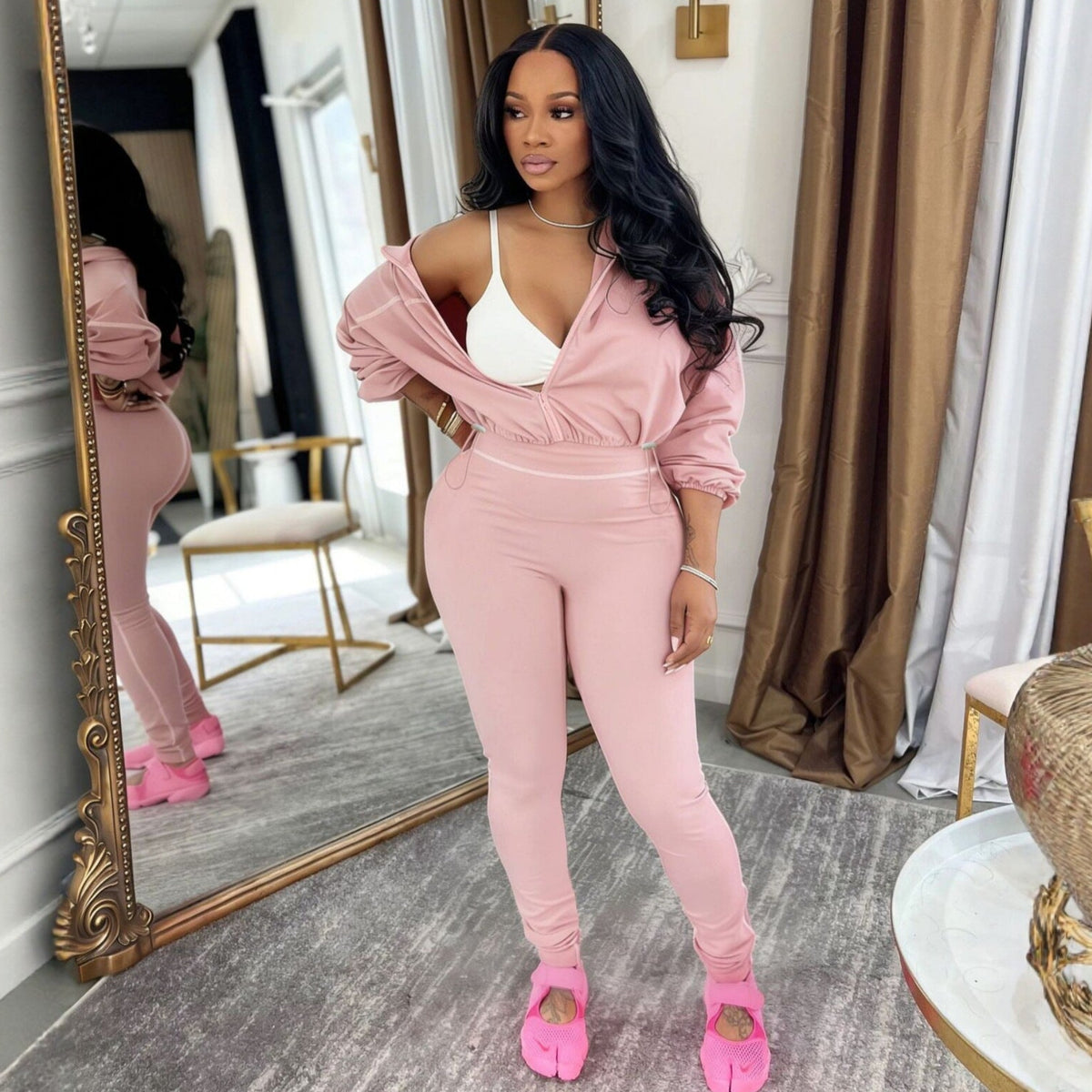 Plush Fashion Hub modern zip-front long sleeve two-piece set featuring a stylish top and matching pants, casual and comfortable.