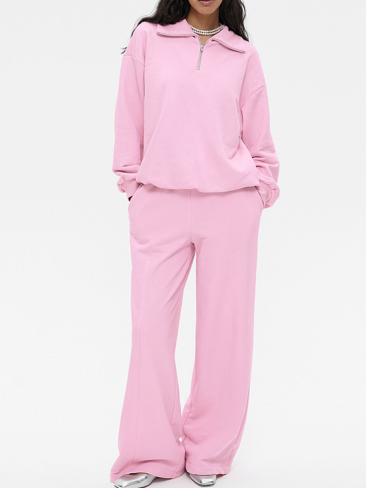 Women's quarter zip long sleeve loungewear set by Plush Fashion Hub, featuring a two-piece tracksuit with comfortable fabric and relaxed fit.