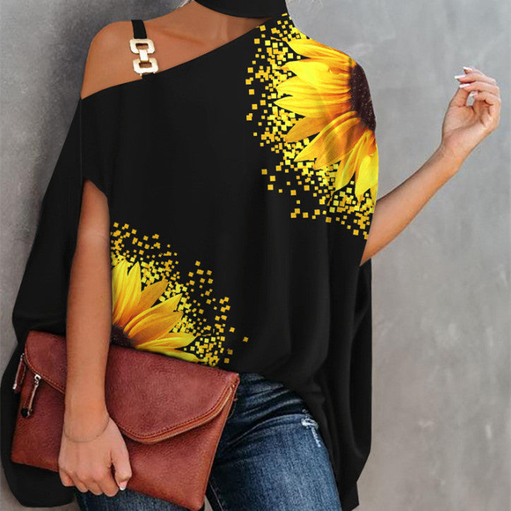 Women’s casual one-shoulder printed T-shirt by FitiqueFit, featuring vibrant design and relaxed fit, ideal for stylish casual wear.