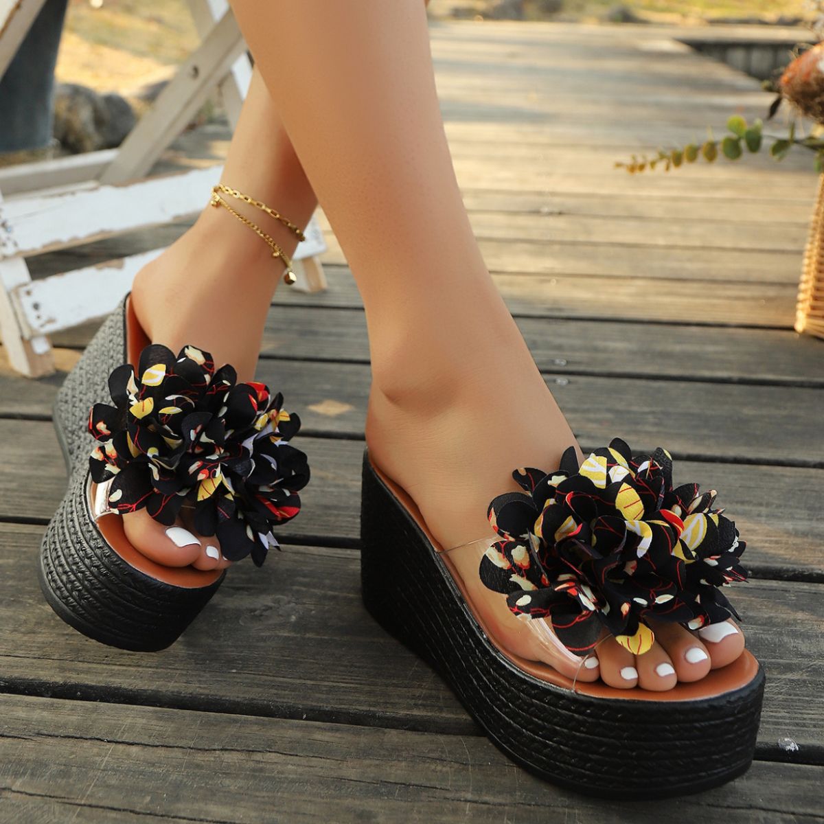 Plush Fashion Hub floral decor platform wedge sandals with colorful flower accents and comfortable straps.
