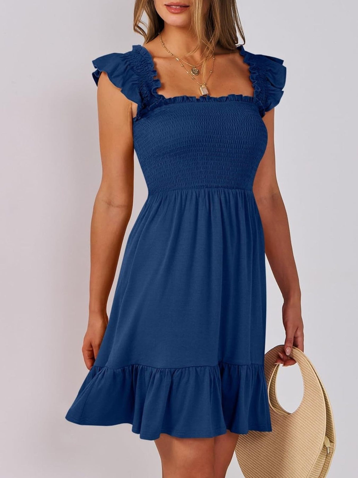 Women's lightweight summer dress by Plush Fashion Hub featuring smocked bodice, ruffle hem, mini length, casual style.