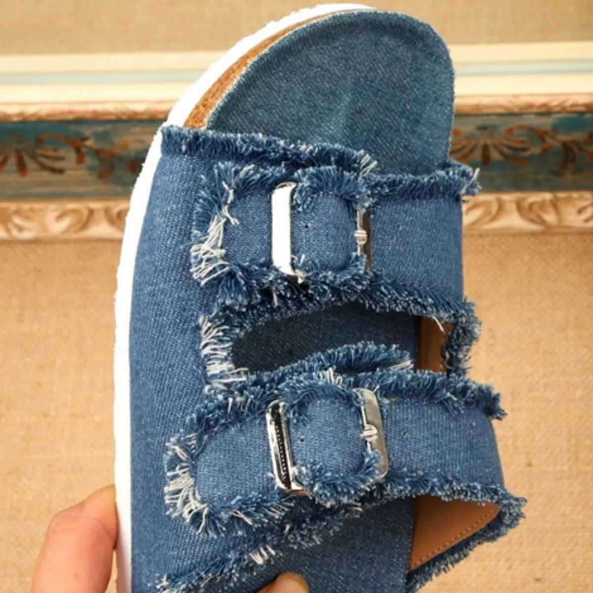 Plush Fashion Hub frayed edge buckle sandals with open toes and ankle straps, featuring casual, stylish design for warm weather wear.
