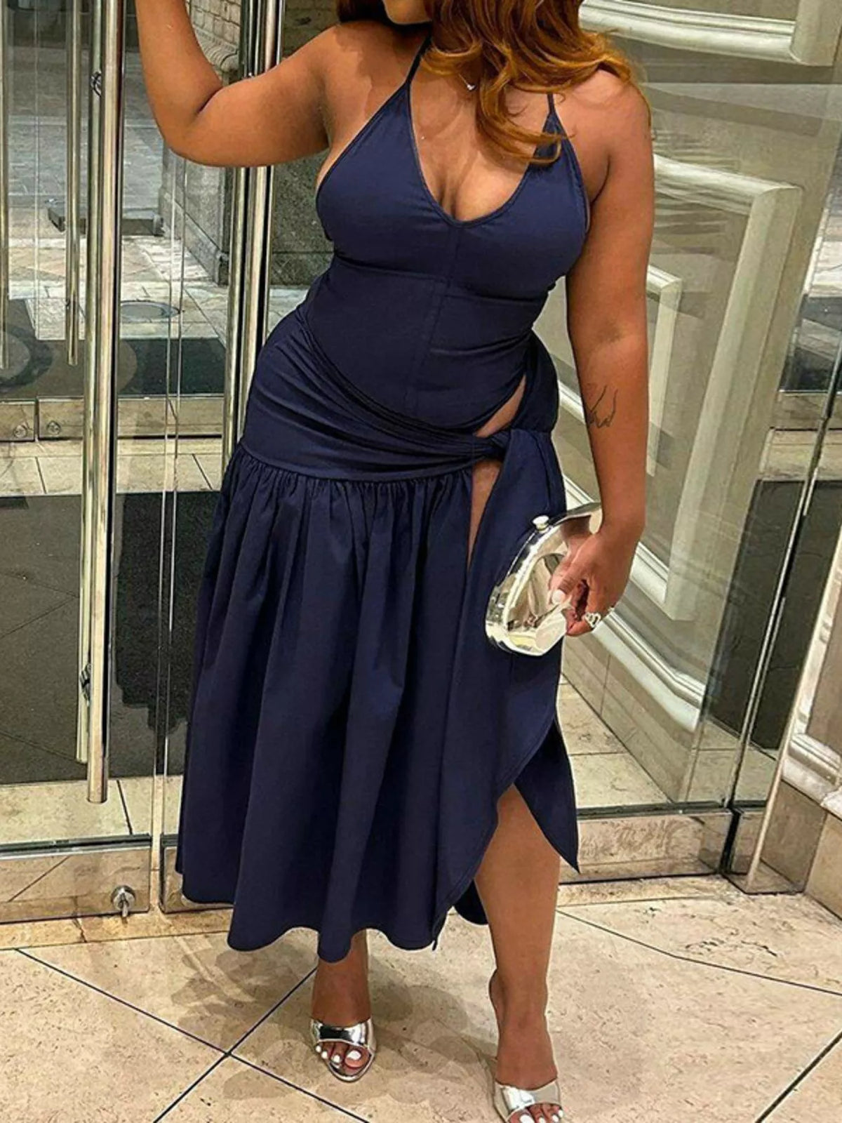 Plush Fashion Hub halter neck ruched bodysuit with matching maxi skirt set, featuring fitted silhouette and stylish design.