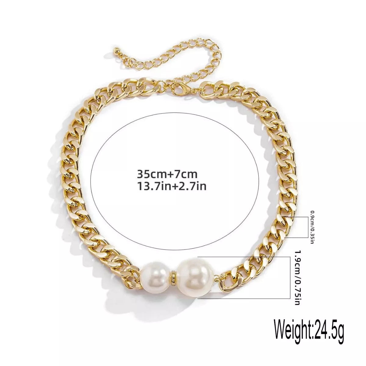 18K gold-plated pearl necklace with a delicate clasp, featuring lustrous white pearls on a fine chain.
