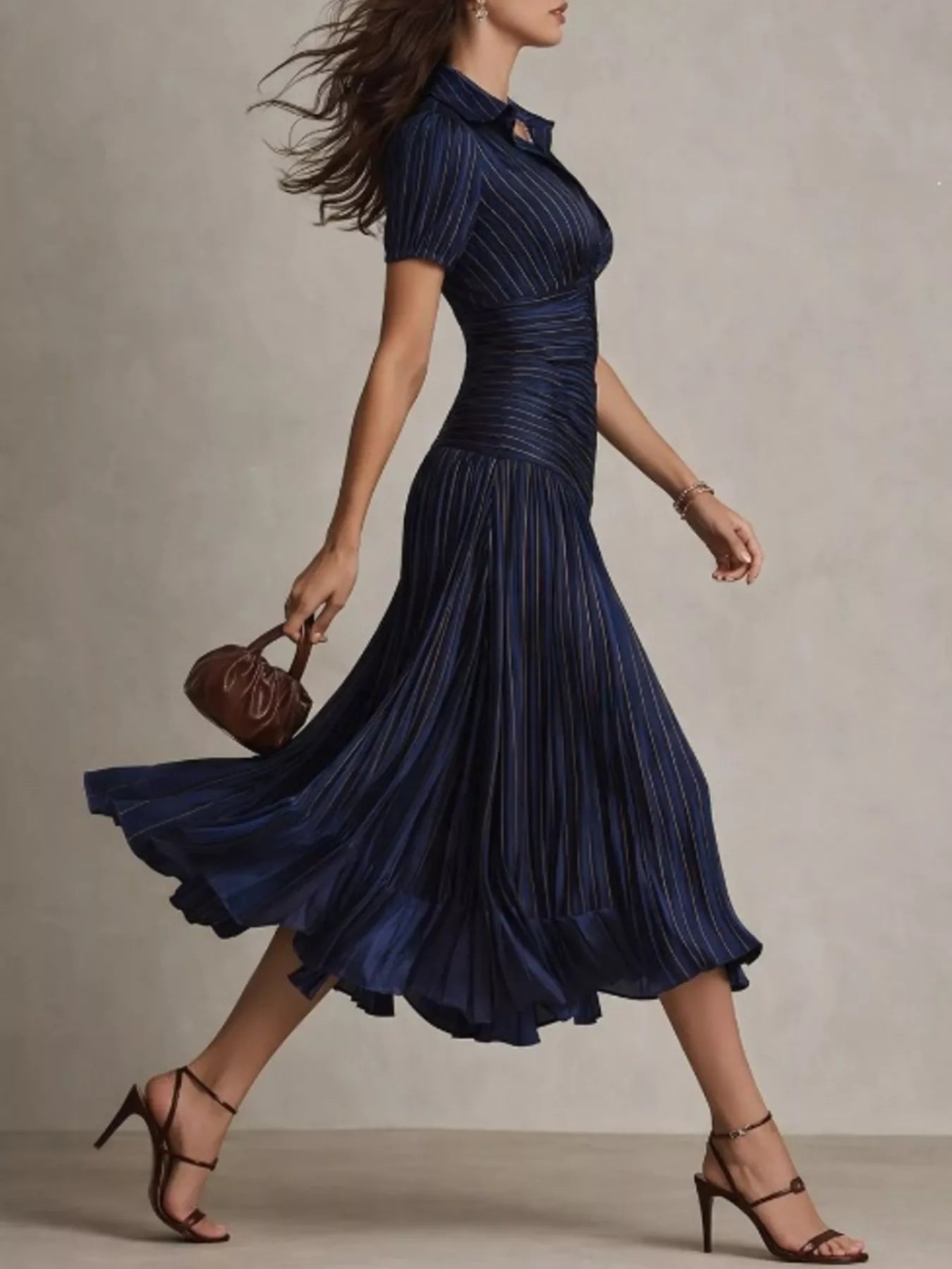 Striped pleated short sleeve midi dress by Trendsi featuring a flowy silhouette and midi length, perfect for casual or semi-formal occasions.