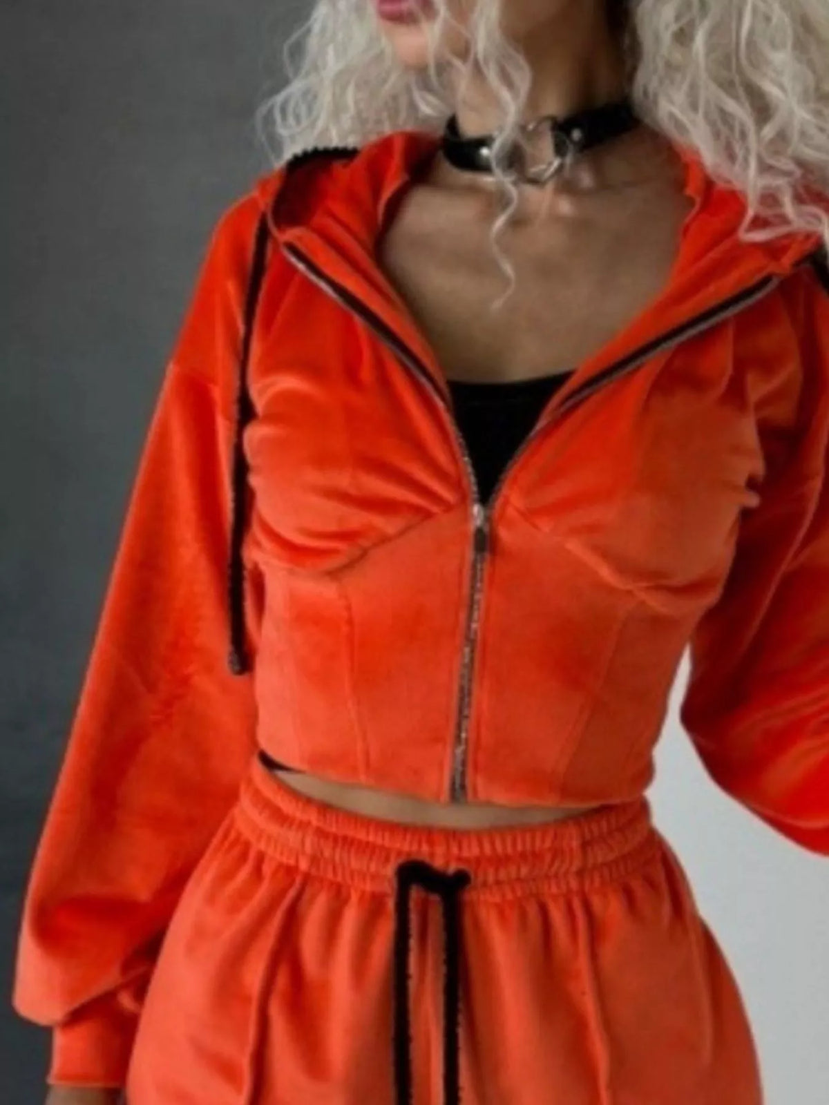 Plush Fashion Hub zip-up hooded shorts set with matching shorts, soft plush fabric, and casual style for comfortable wear.
