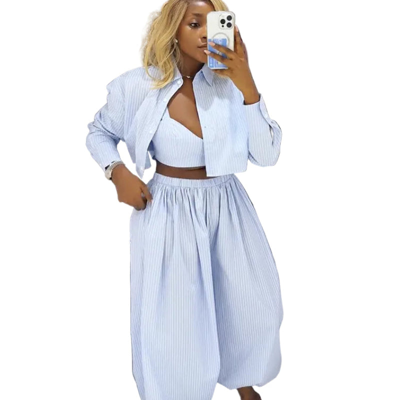 Plush Fashion Hub coastal chic striped strapless top with matching wide-leg pants, perfect for stylish summer outfits.