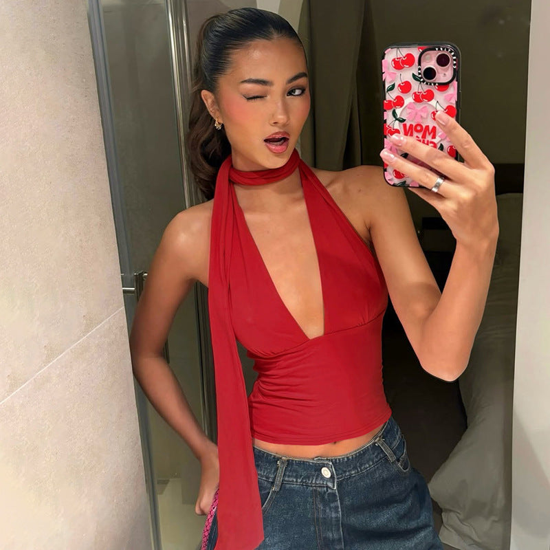 Women's casual lace-up low-cut back cutout sling top by Plush Fashion Hub, featuring a stylish design with a back cutout and lace-up detail.