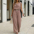 Women's off-shoulder sleeveless wide-leg jumpsuit with high waist and belt, casualwear by FitiqueFit, shown on a model.