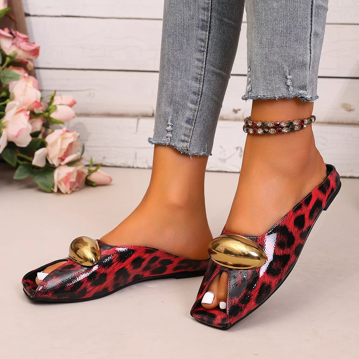 Plush Fashion Hub leopard open toe sandals featuring plush material and stylish design for casual wear.